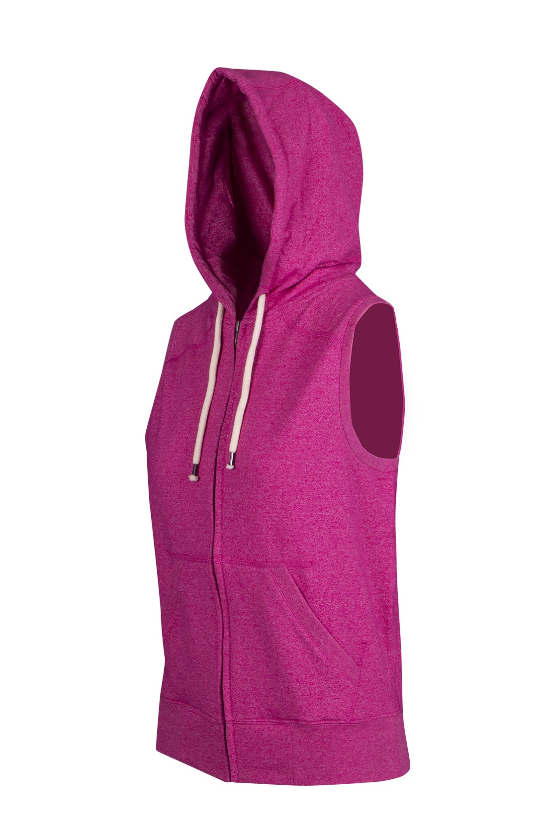 Womens/Junior Heather SLEEVELESS ZIP Hoodies - Greatness Range - Hot Pink Heather - Side