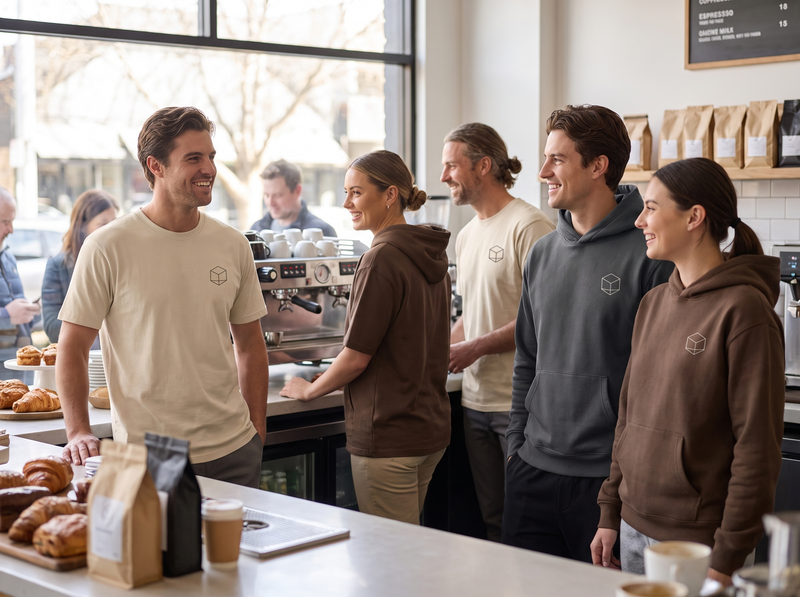 Cafe & Brand Merch Pack – team uniforms with your logo (illustrative photo)