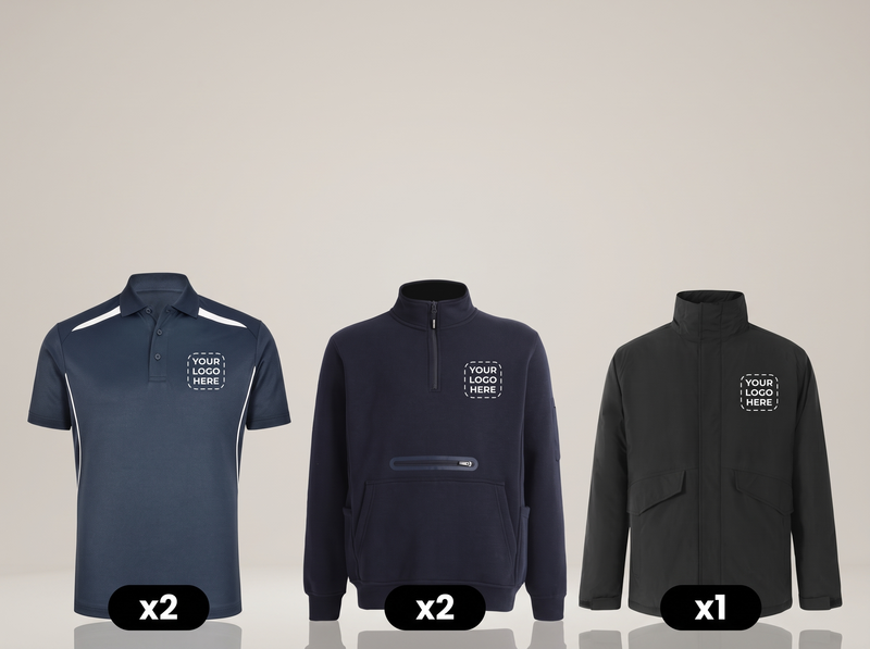 Winter Office Pack: 2 polos + 2 half-zip sweats + 1 jacket with your logo front and back (illustrative)