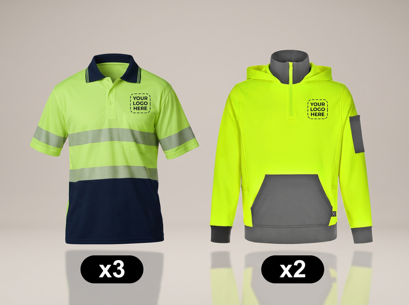 Hi-Vis Polo + Quarter-Zip Pack: 3 hi-vis polos + 2 hi-vis ¼-zip hoodies with your logo front and back (illustrative)