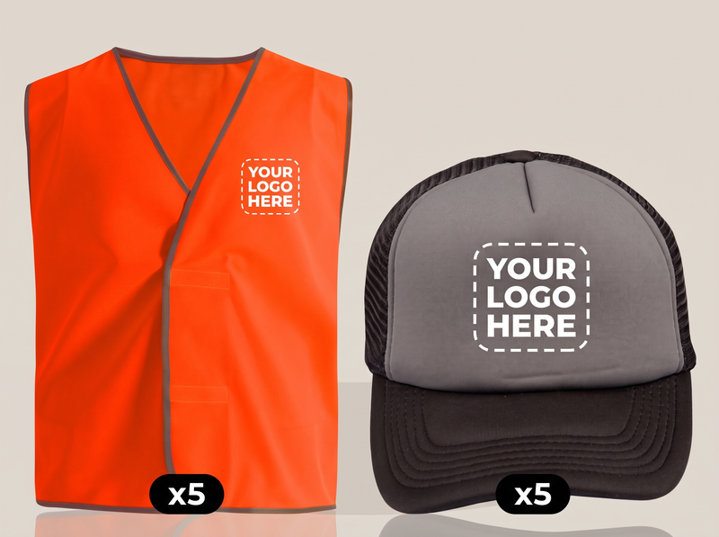 Site Visitor Pack: 5 hi-vis vests + 5 caps with your logo front and back (illustrative)