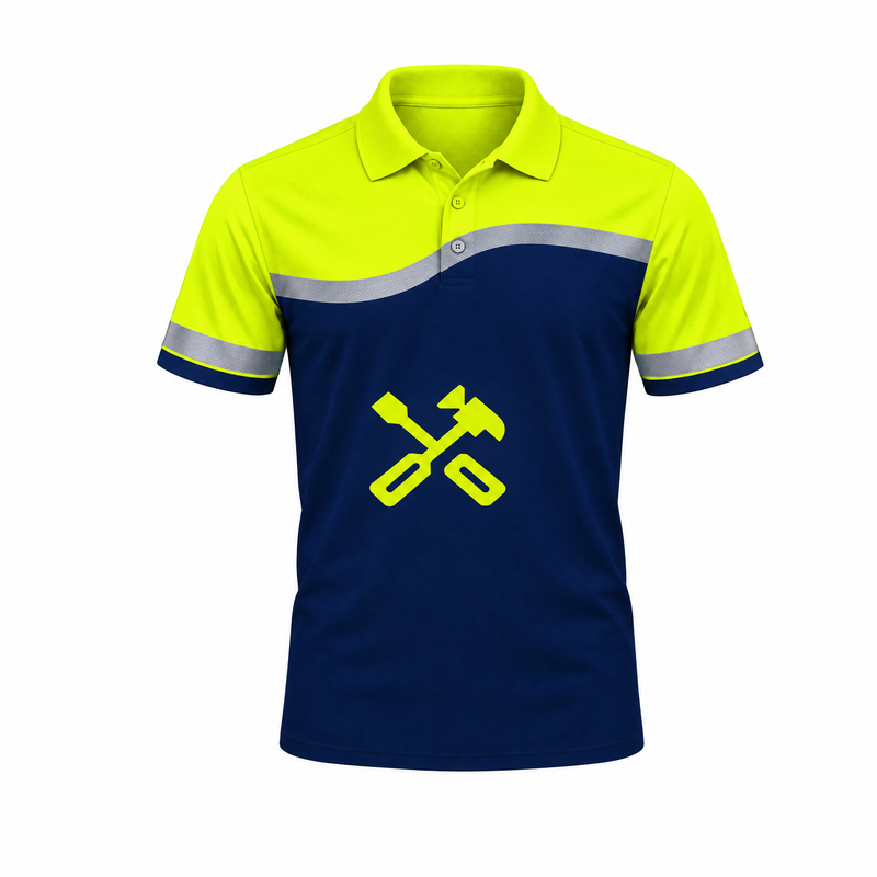 Hi-Vis Wave Work Polo: sublimated hi-vis yellow and navy design with reflective-look bands, front view
