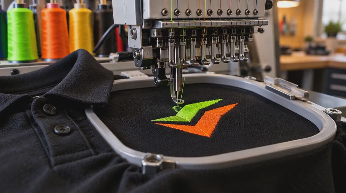 Embroidery machine stitching a green and orange logo onto a black polo