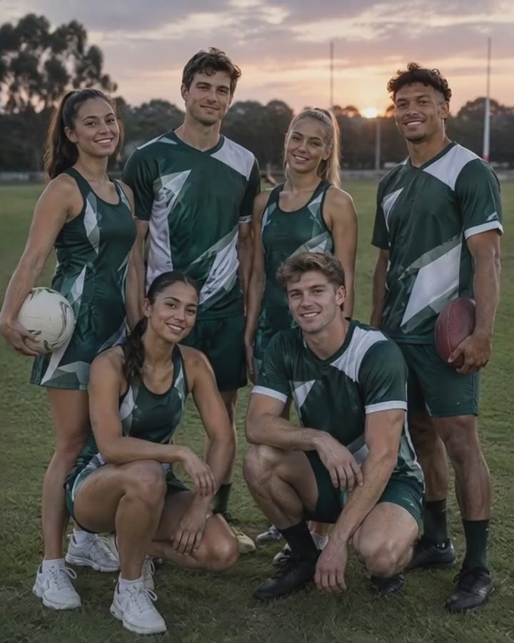 Sports club team in matching green sublimated jerseys on the oval