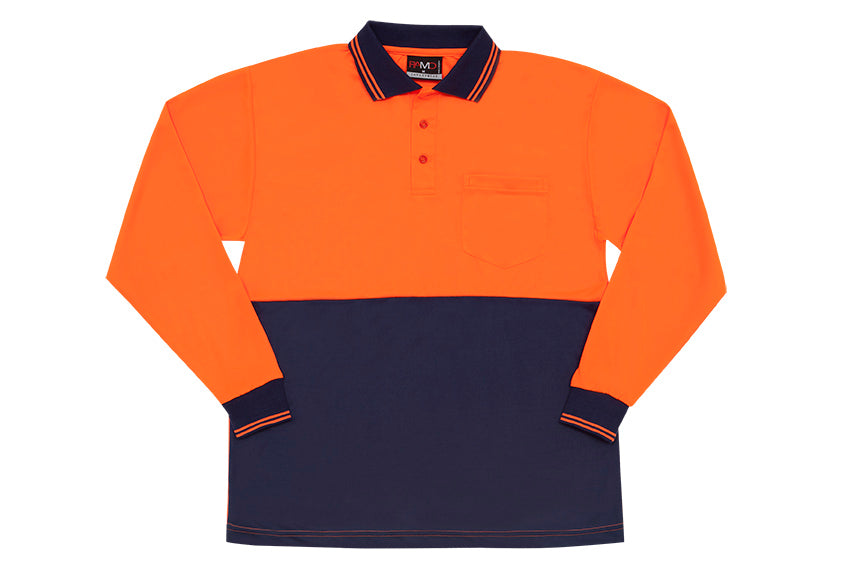 Hi Vis Long Sleeve Polo - Orange/Navy - Front