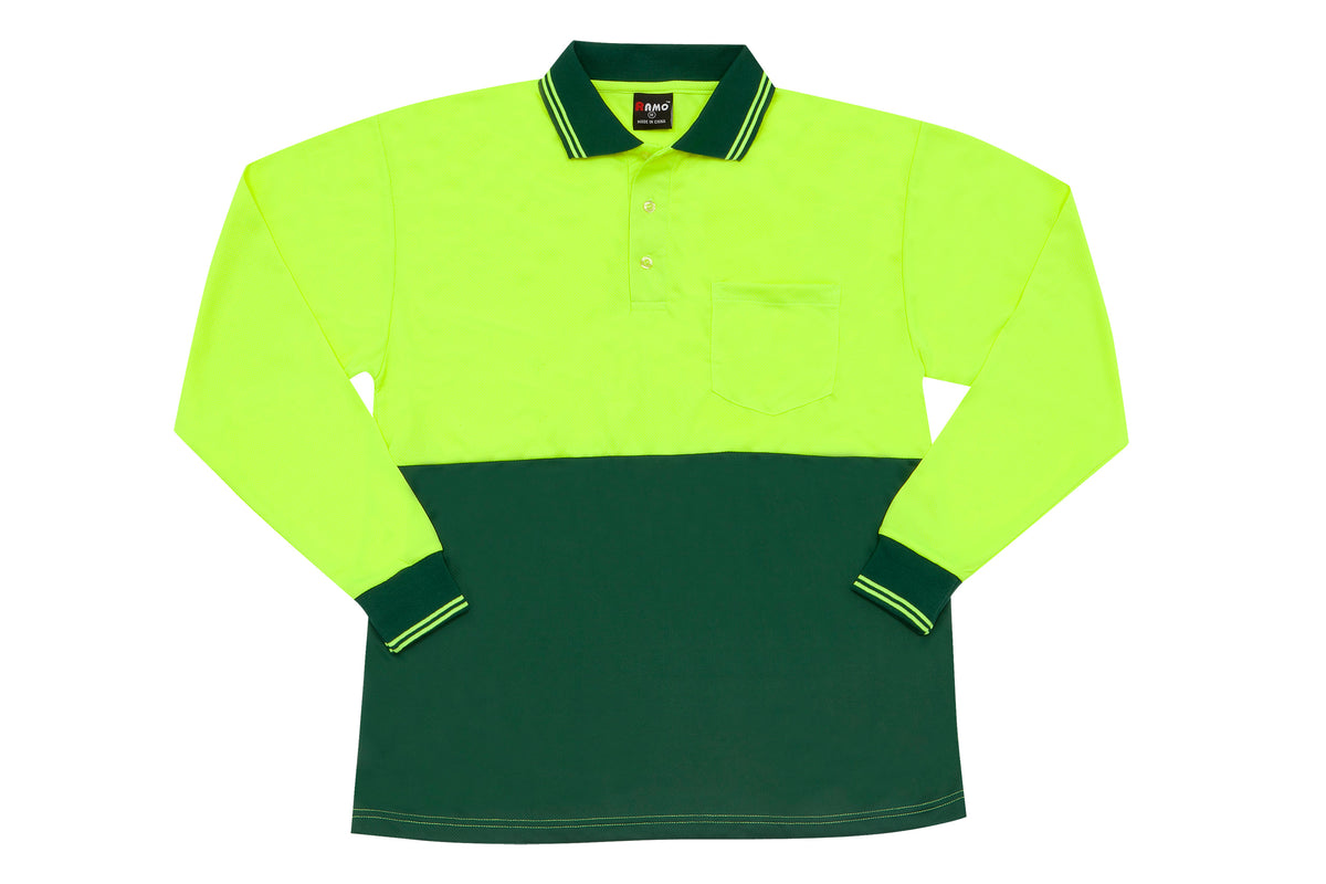 Hi Vis Long Sleeve Polo - Yellow/Bottle Green - Front