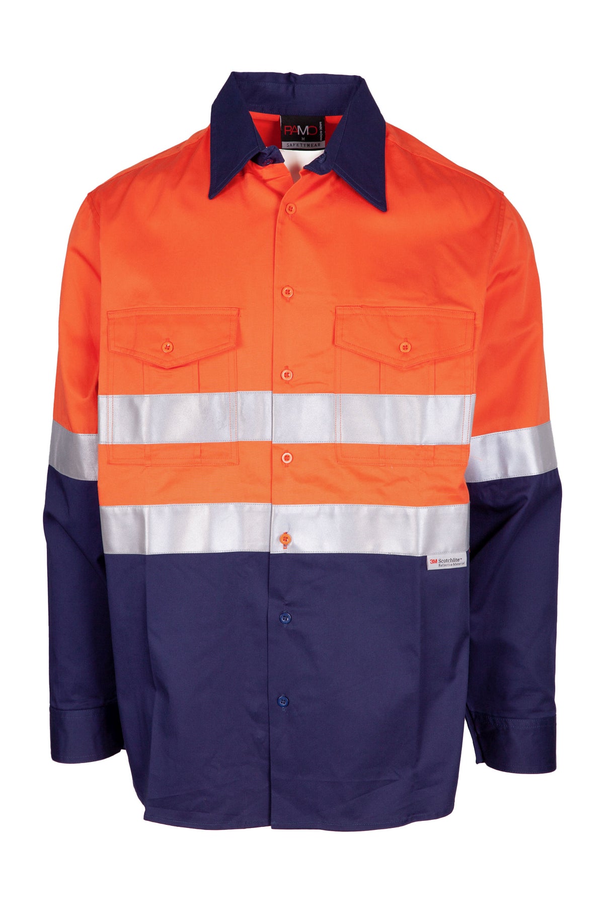 100% Combed Cotton Drill Long Sleeve Shirt - 3M - Orange/Navy - Front