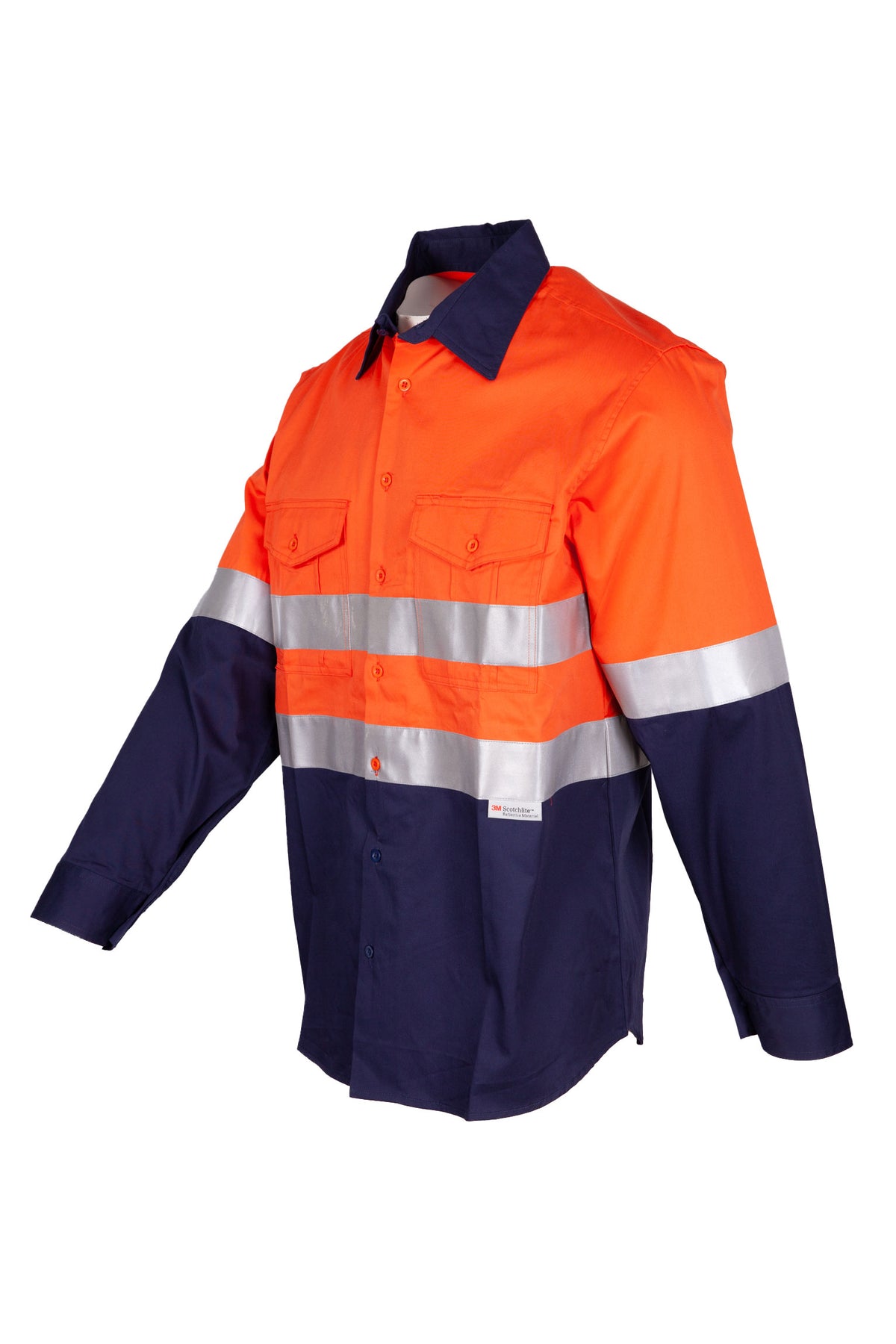 100% Combed Cotton Drill Long Sleeve Shirt - 3M - Orange/Navy - Side