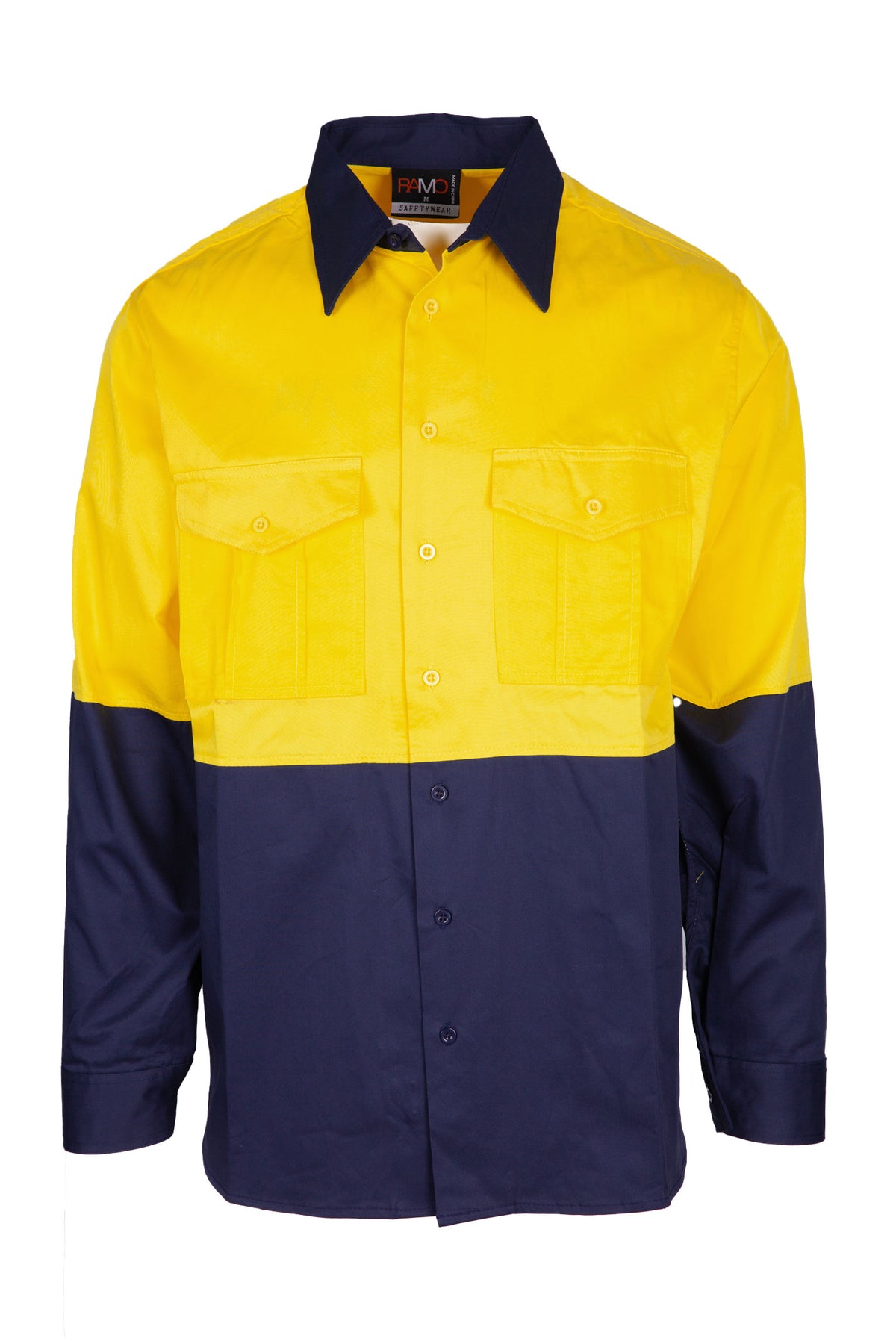 100%  Combed Cotton Drill Long Sleeve Shirts - Yellow/Navy - Front