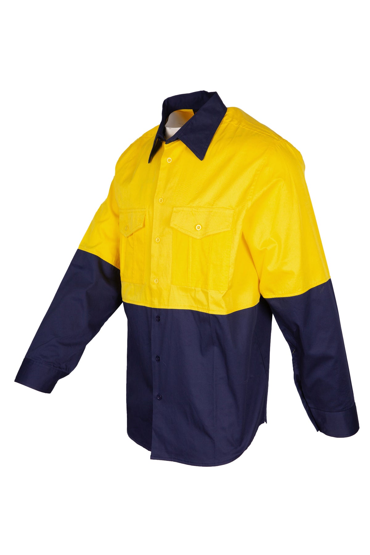 100%  Combed Cotton Drill Long Sleeve Shirts - Yellow/Navy - Side
