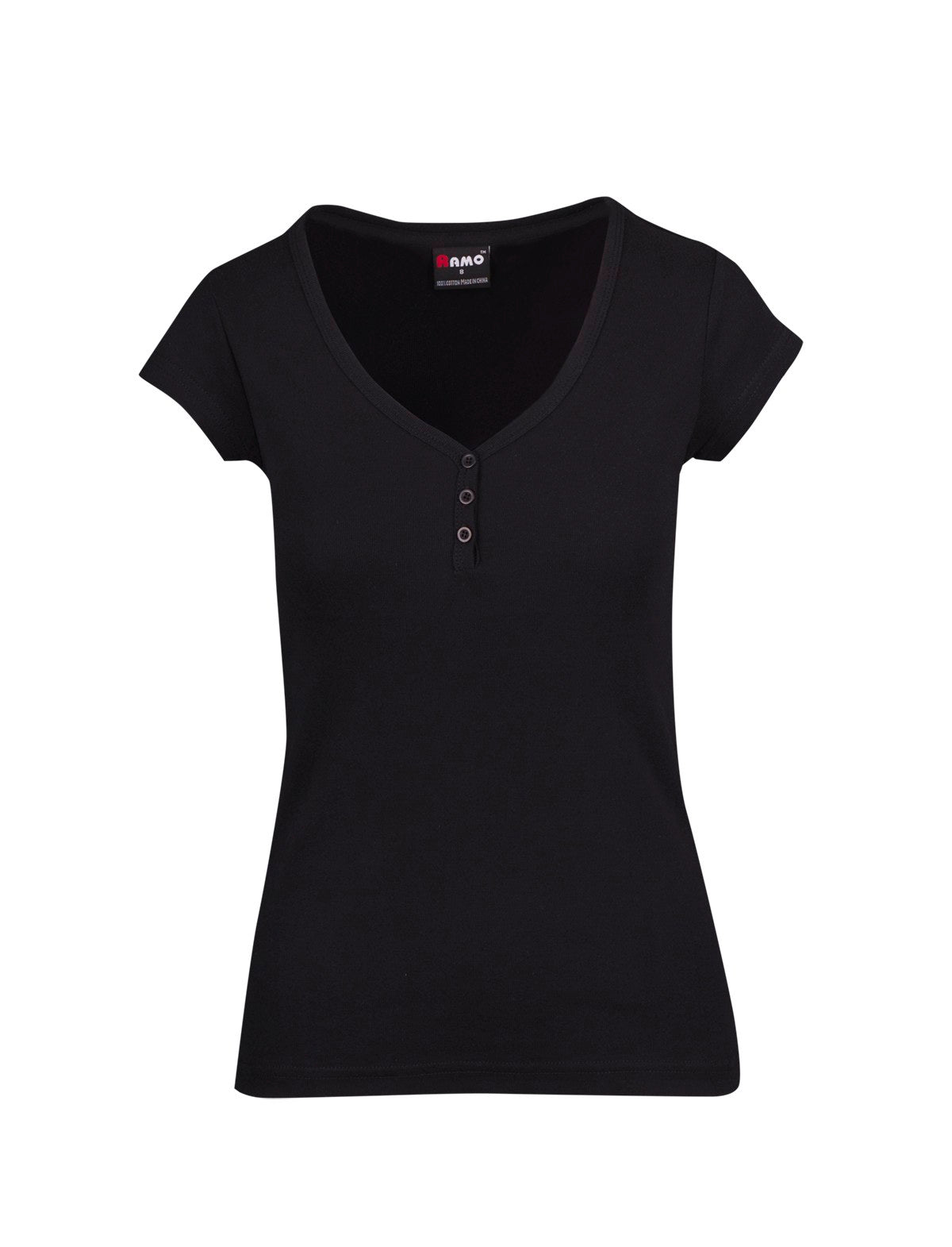 Women's Henley T-shirt - Black - Front