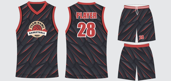 Sublimated basketball uniform design #636: jersey front, back and shorts