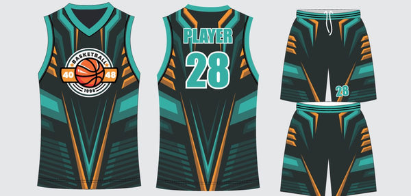 Sublimated basketball uniform design #643: jersey front, back and shorts