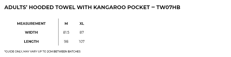 Adult's 300gsm polyester/nylon hooded towel with kangaroo pocket - Size guide