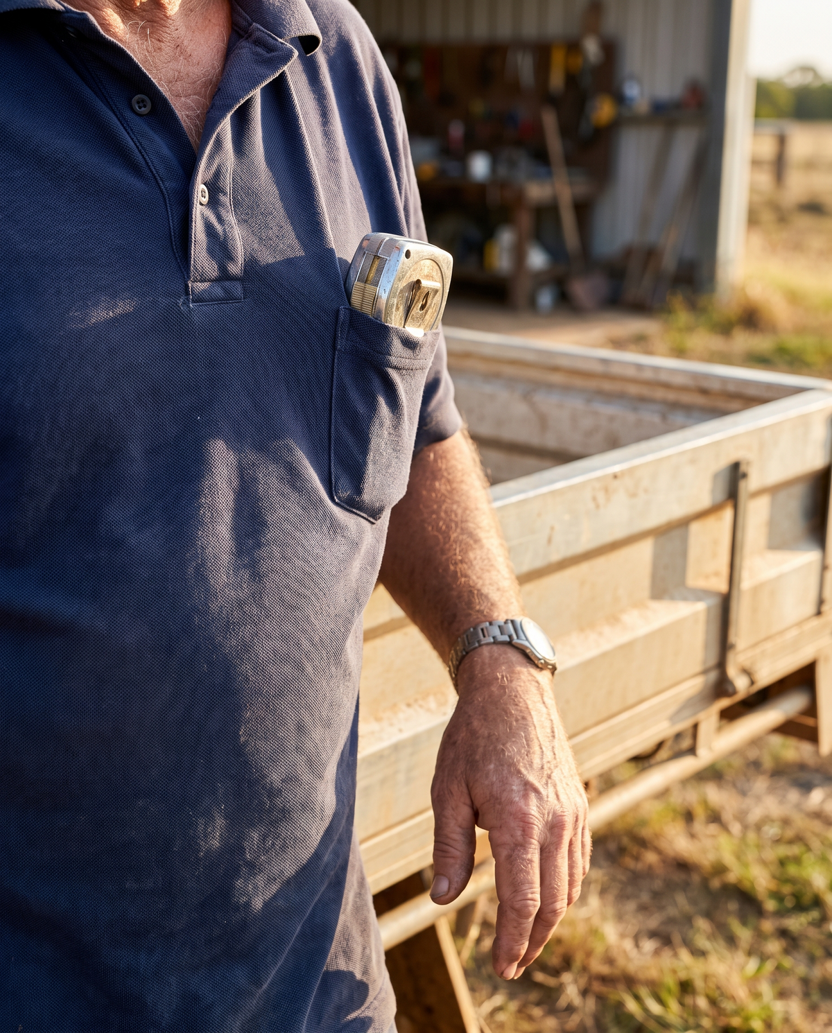 Navy pique polo shirt worn by a tradesperson leaning on a ute