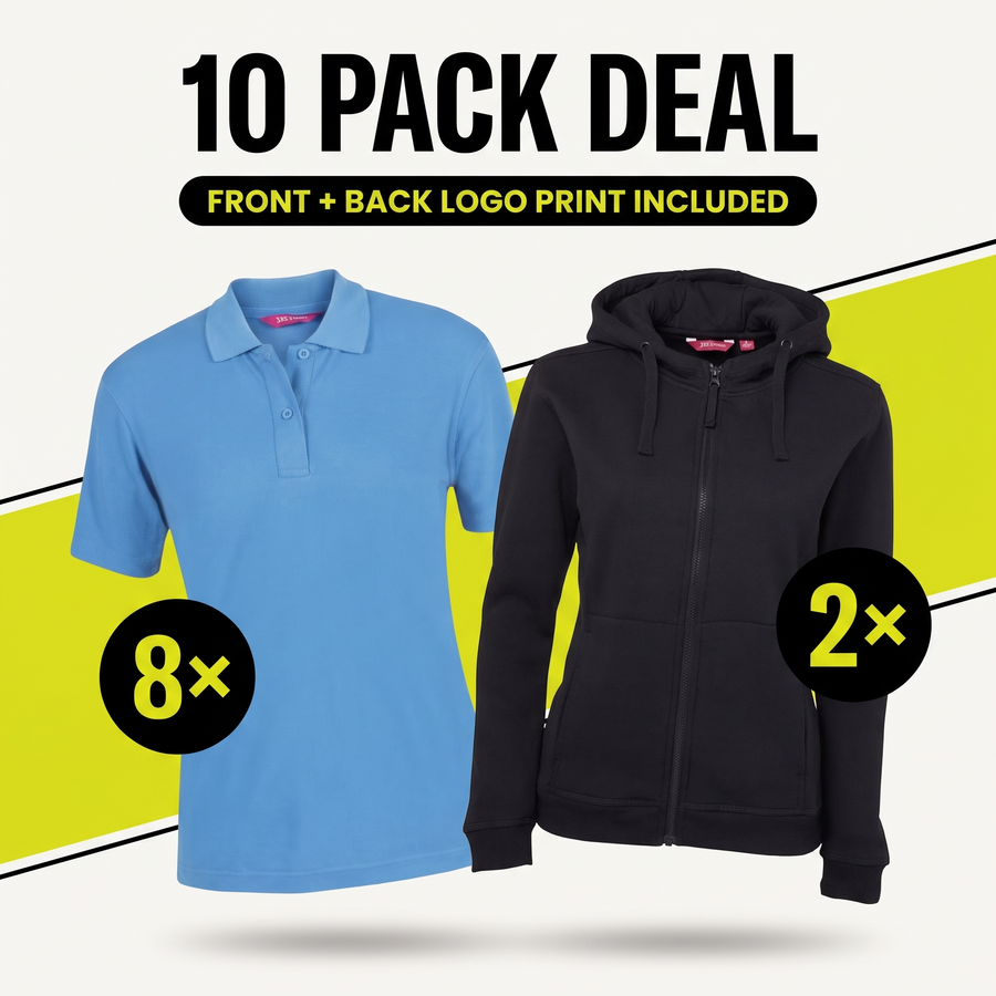 10 Pack Deal – 8 ladies polos + 2 ladies zip hoodies, front and back logo print included