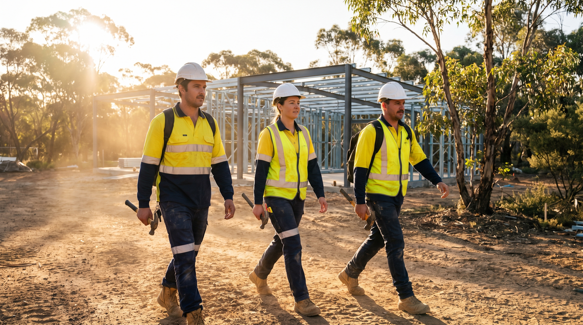 Construction crew in hi-vis walking across a worksite at golden hour