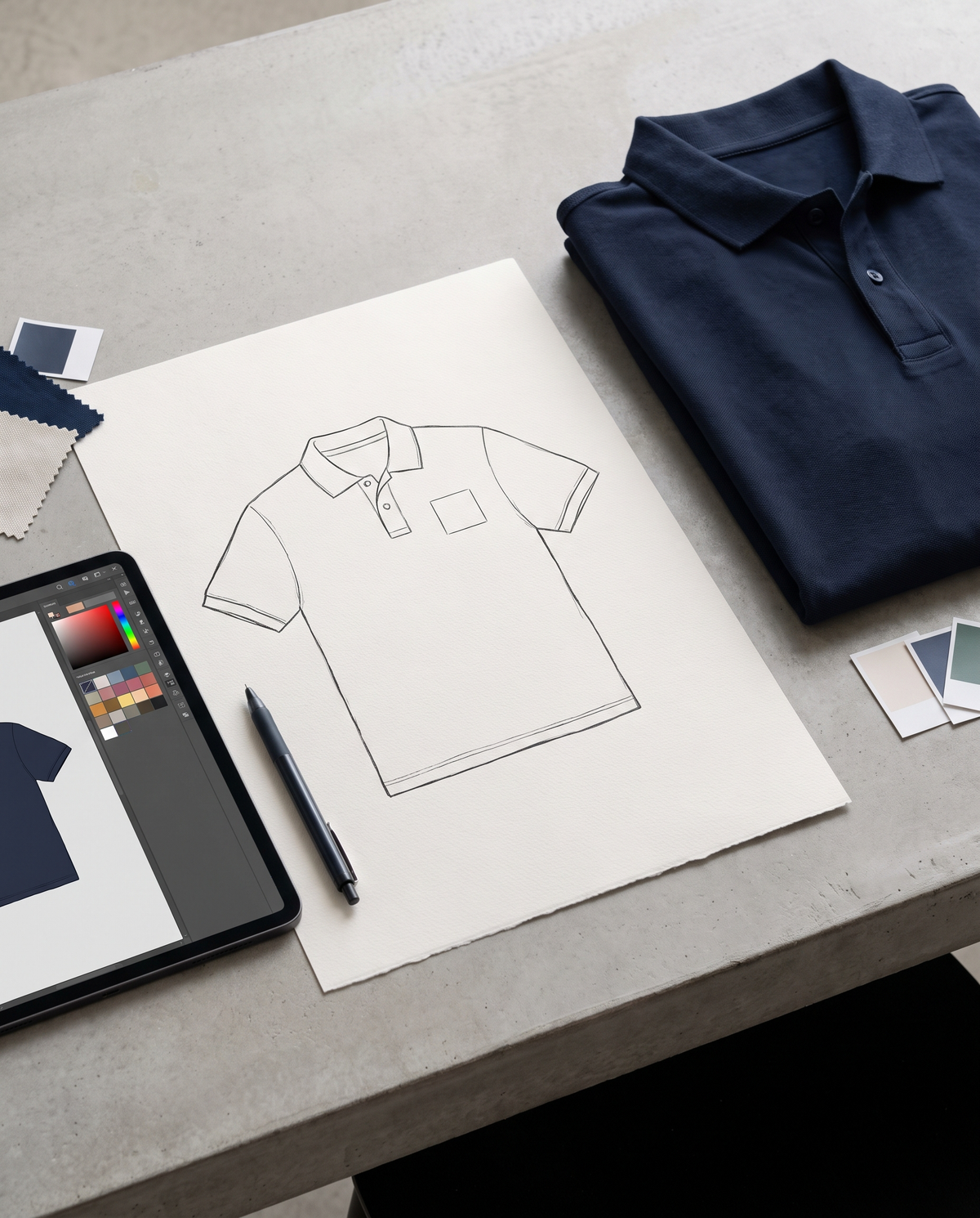 Uniform artwork proof beside a folded navy polo (illustrative)