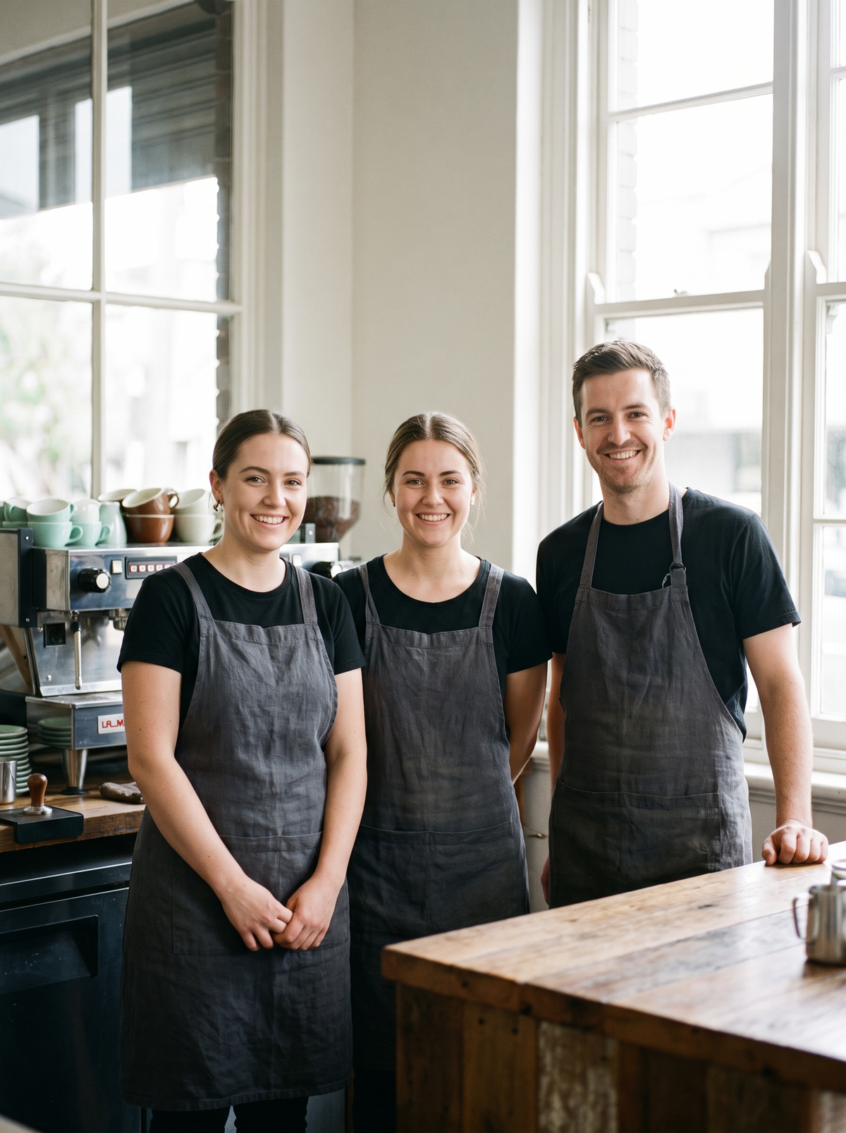 Café team in matching aprons behind the counter